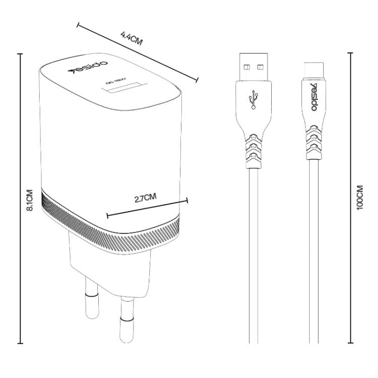Yesido 18W USB 단일 인터페이스 충전기 세트 USB to 타입-C 케이블 포함, EU 플러그, UK 플러그, US 플러그