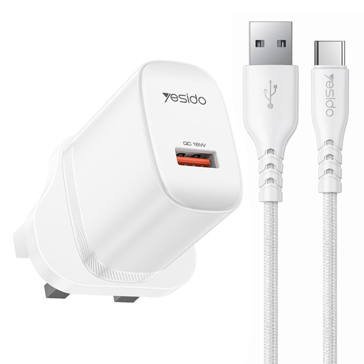 Yesido 18W USB 단일 인터페이스 충전기 세트 USB to 타입-C 케이블 포함, EU 플러그, UK 플러그, US 플러그