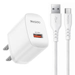 Yesido 18W USB 단일 인터페이스 충전기 세트 USB to 타입-C 케이블 포함, EU 플러그, UK 플러그, US 플러그