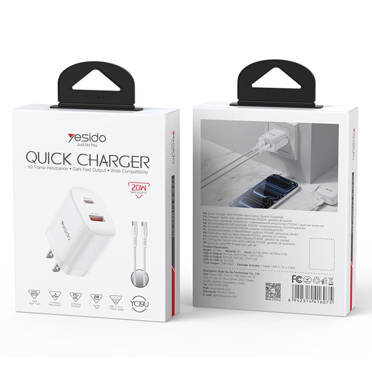 Yesido YC19U PD20W USB-C / 타입-C 및 QC18W USB-A 듀얼 포트 충전기 세트 타입-C to 타입-C 케이블 포함, YC19U