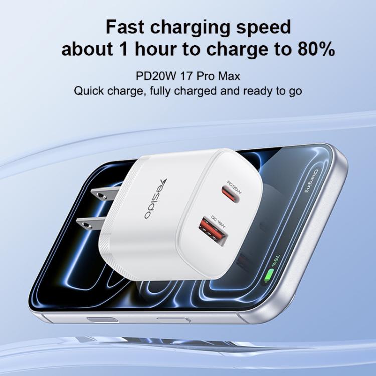 Yesido YC19U PD20W USB-C / 타입-C 및 QC18W USB-A 듀얼 포트 충전기 세트 타입-C to 타입-C 케이블 포함, YC19U