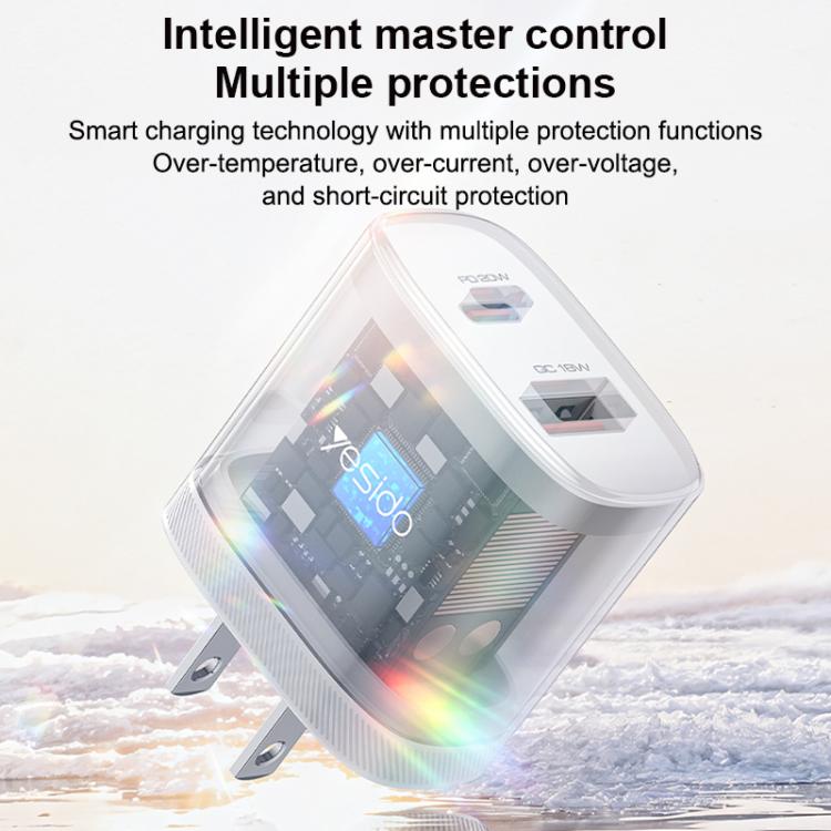 Yesido YC19U PD20W USB-C / 타입-C 및 QC18W USB-A 듀얼 포트 충전기 세트 타입-C to 타입-C 케이블 포함, YC19U