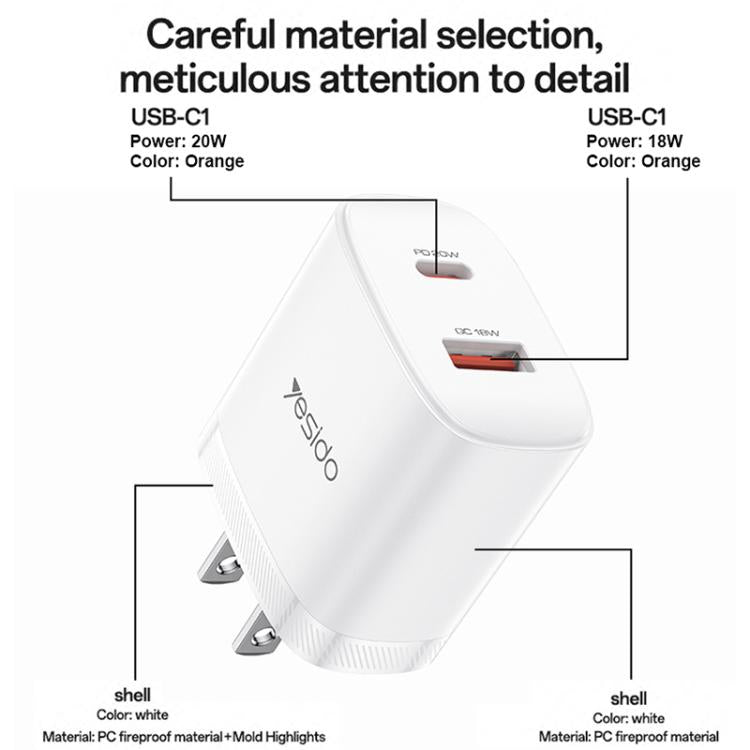 Yesido YC19U PD20W USB-C / 타입-C 및 QC18W USB-A 듀얼 포트 충전기 세트 타입-C to 타입-C 케이블 포함, YC19U