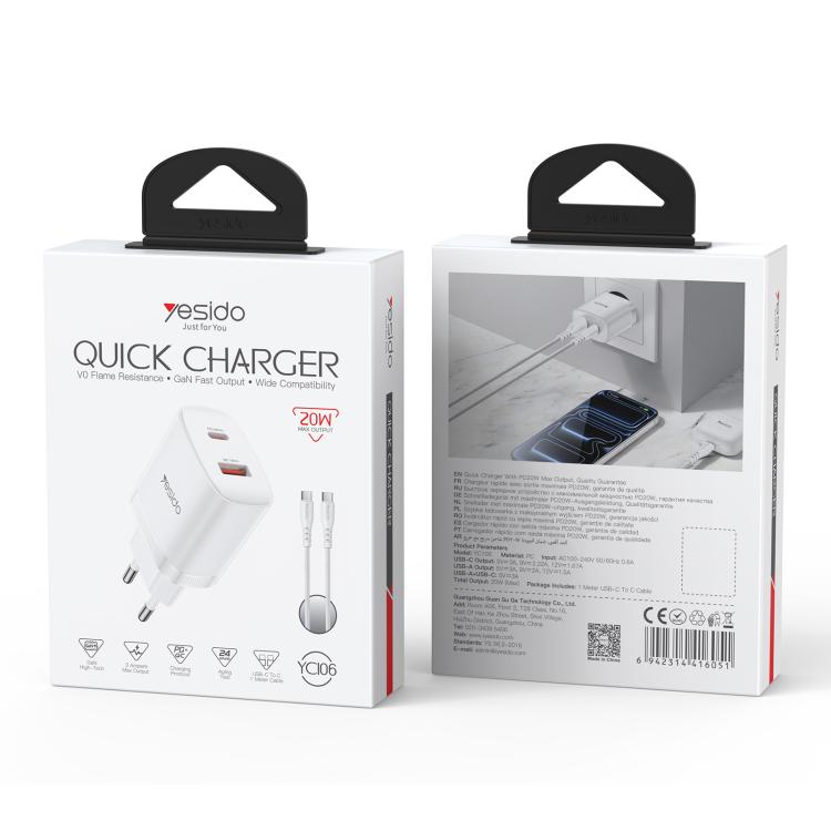 Yesido YC106 PD20W USB-C / 타입-C 및 QC18W USB-A 듀얼 포트 충전기 세트 타입-C to 타입-C 케이블 포함, YC106