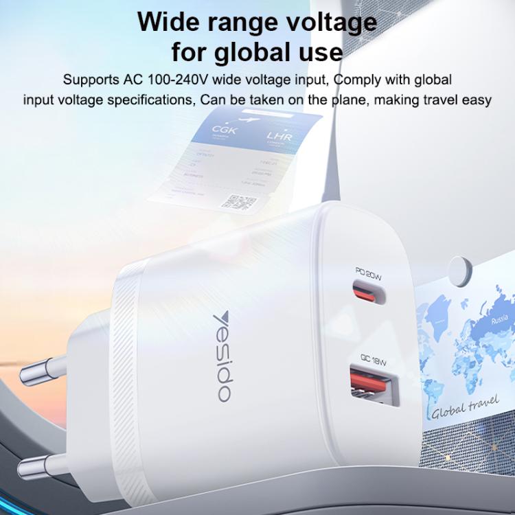 Yesido YC106 PD20W USB-C / 타입-C 및 QC18W USB-A 듀얼 포트 충전기 세트 타입-C to 타입-C 케이블 포함, YC106