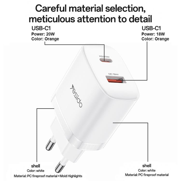 Yesido YC106 PD20W USB-C / 타입-C 및 QC18W USB-A 듀얼 포트 충전기 세트 타입-C to 타입-C 케이블 포함, YC106