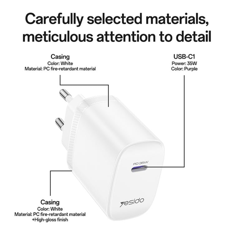 Yesido YC107 PD35W USB-C / 타입-C 단일 포트 고속 충전기 세트 타입-C to 타입-C 케이블 포함, YC107