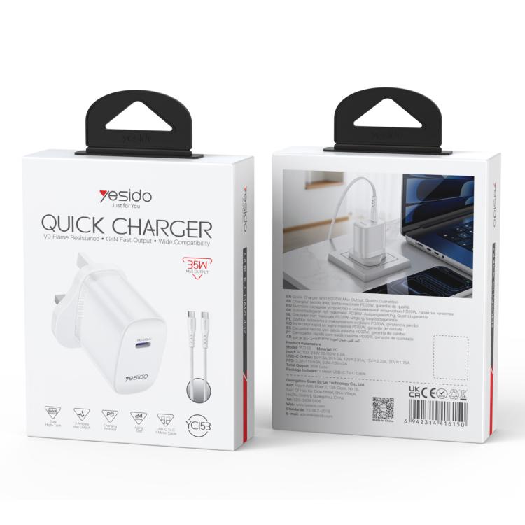 Yesido YC153 PD35W USB-C / 타입-C 단일 포트 고속 충전기 세트 타입-C to 타입-C 케이블 포함, YC153