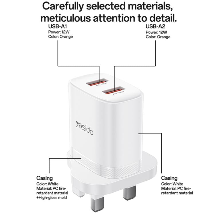 Yesido YC150 12W 2.4A USB 듀얼 포트 충전기 세트 1m USB to Type-C 데이터 케이블 포함, YC150
