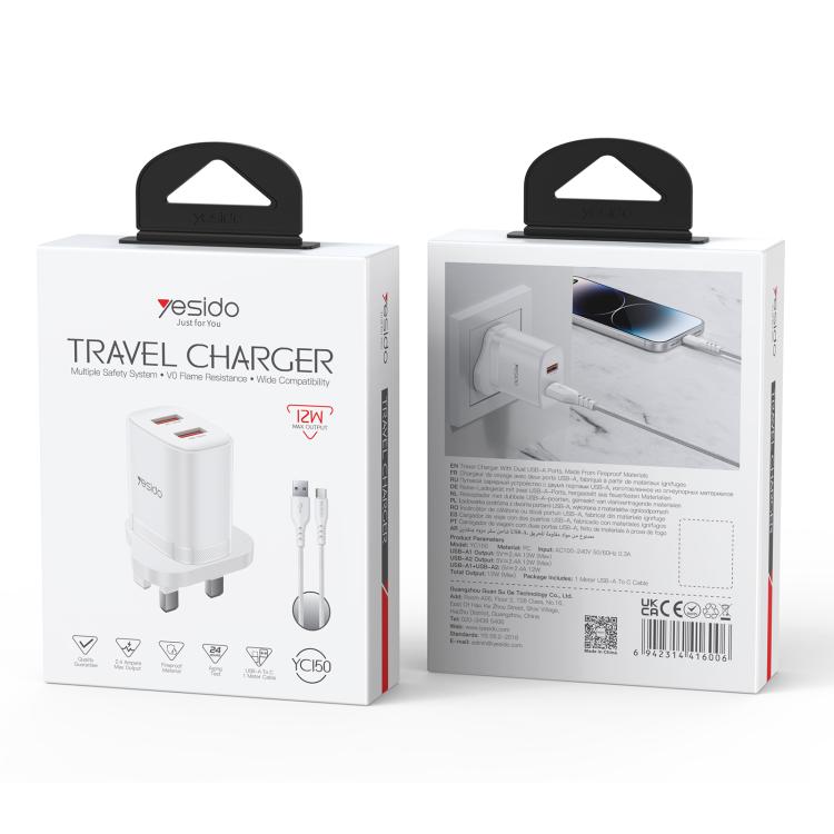 Yesido YC150 12W 2.4A USB 듀얼 포트 충전기 세트 1m USB to Type-C 데이터 케이블 포함, YC150