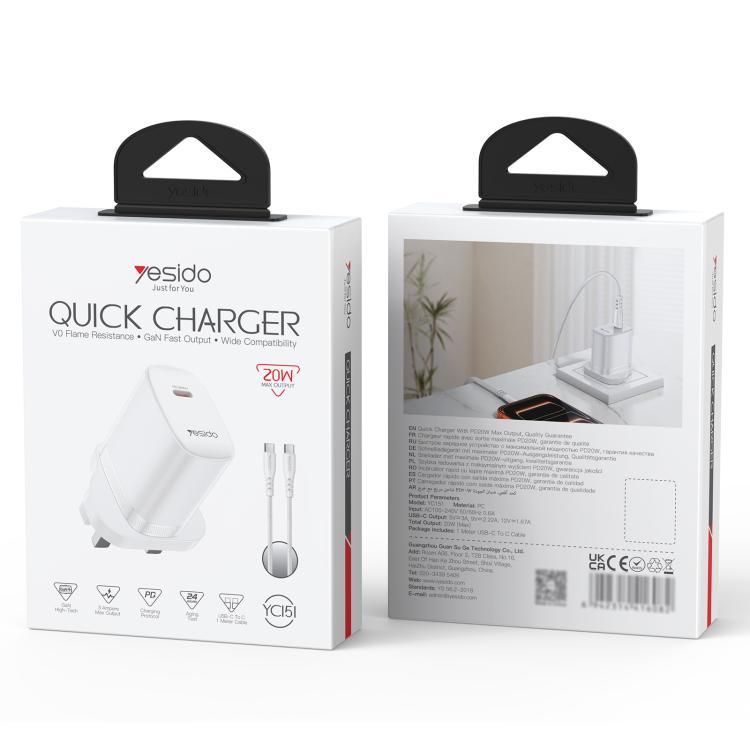 Yesido YC151 PD20W Type-C 충전기 세트 1m Type-C to Type-C 데이터 케이블 포함, YC151