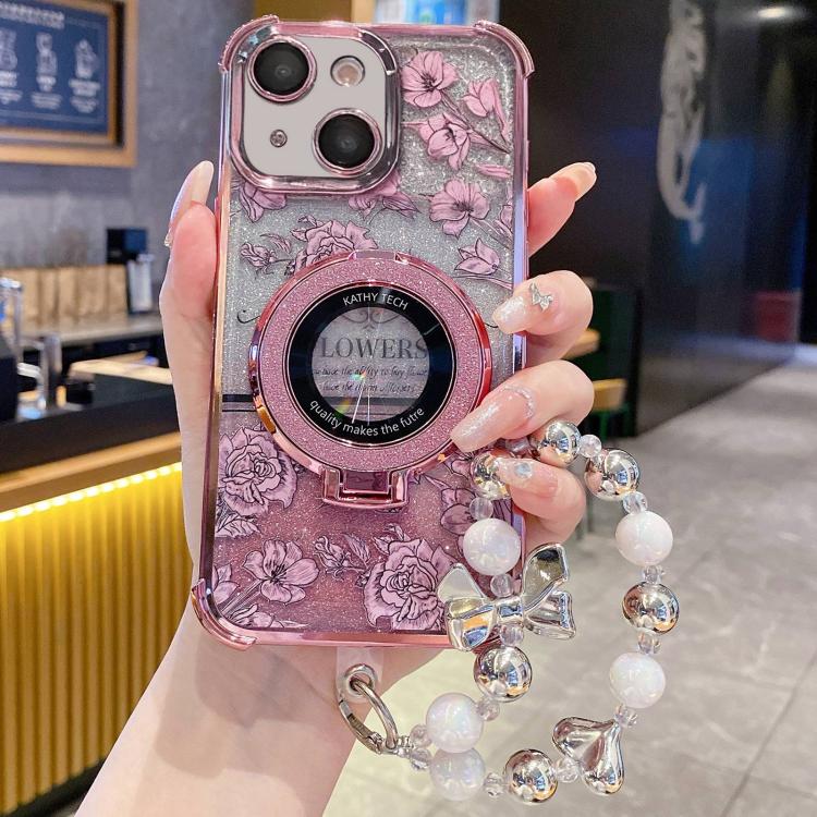 Gradient Glitter Flowers Electroplated Phone Case with Wrist Strap, For iPhone 14 Plus, For iPhone 14, For iPhone 14 Pro, For iPhone 14 Pro Max, For iPhone 13 Pro Max, For iPhone 13 Pro, For iPhone 13, For iPhone 12, For iPhone 12 Pro Max              ...