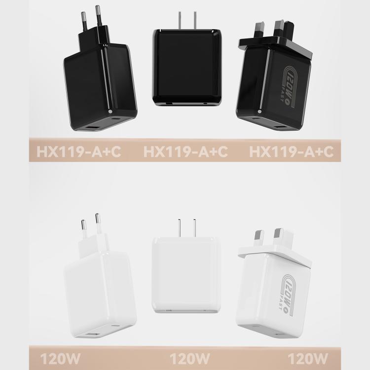 HX119 120W USB 및 Type-C 듀얼 인터페이스 고속 충전기, EU 플러그, UK 플러그, US 플러그