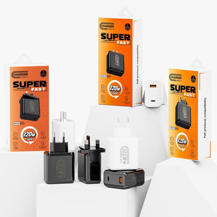 HX119 120W USB 및 Type-C 듀얼 인터페이스 고속 충전기, EU 플러그, UK 플러그, US 플러그