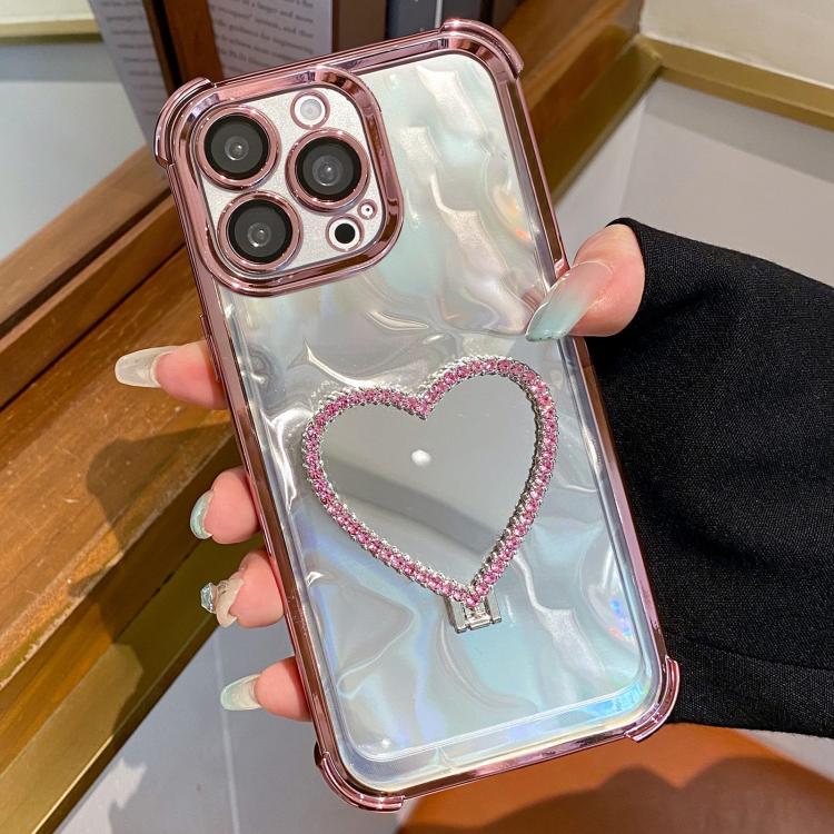 하트 모양 미러 전기 도금 TPU + 아크릴 휴대폰 케이스 홀더 포함, iPhone 15 Pro Max용, iPhone 15 Pro용, iPhone 15 Plus용, iPhone 15용, iPhone 14 Plus용, iPhone 14용, iPhone 14 Pro용, iPhone 14 Pro Max용, iPhone 13 Pro Max용
