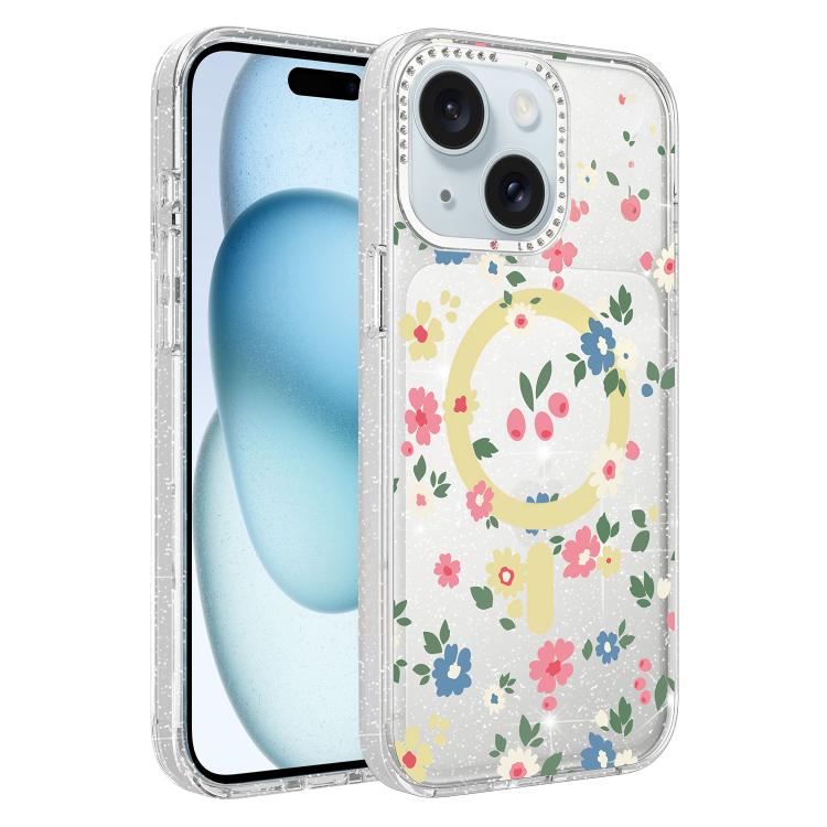 Flower Pattern IMD Glitter Magnetic Phone Case, For iPhone 15 Pro Max, For iPhone 15 Pro, For iPhone 15