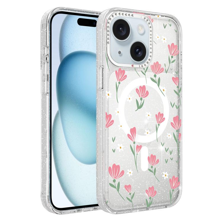 Flower Pattern IMD Glitter Magnetic Phone Case, For iPhone 15 Pro Max, For iPhone 15 Pro, For iPhone 15