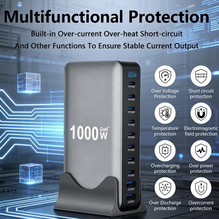YMX-1000W 1000W 8 x Type-C 포트 및 2 x USB 10 포트 디지털 디스플레이 다기능 충전기, AU 플러그, EU 플러그, UK 플러그, US 플러그