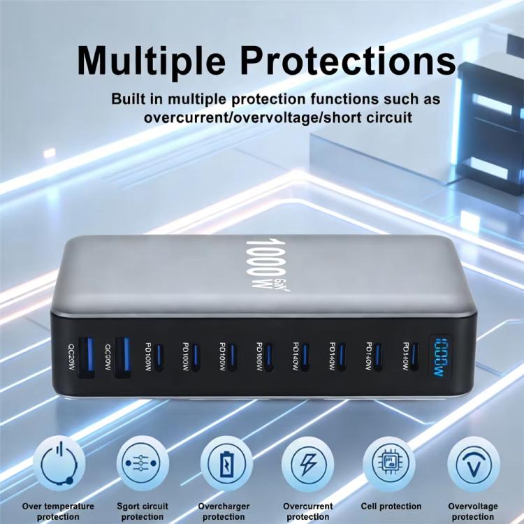 YMX-1000W 1000W 8 x Type-C 포트 및 2 x USB 10 포트 디지털 디스플레이 다기능 충전기, AU 플러그, EU 플러그, UK 플러그, US 플러그