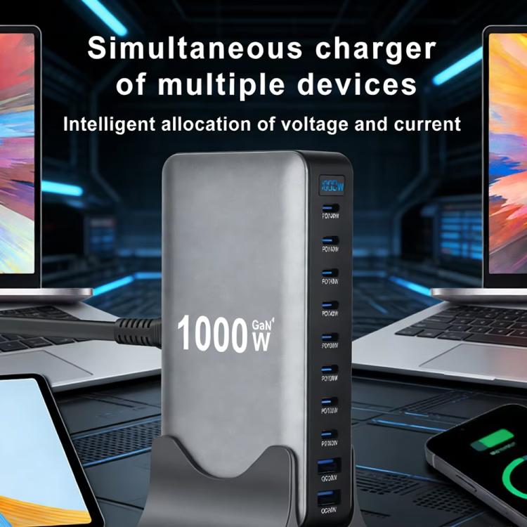 YMX-1000W 1000W 8 x Type-C 포트 및 2 x USB 10 포트 디지털 디스플레이 다기능 충전기, AU 플러그, EU 플러그, UK 플러그, US 플러그