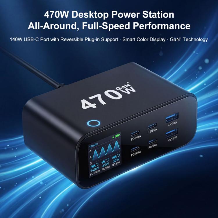 YMX-615-LCD470W 4xType-C and 2xUSB 470W GaN Multi-Function Charger, AU Plug, EU Plug, UK Plug, US Plug