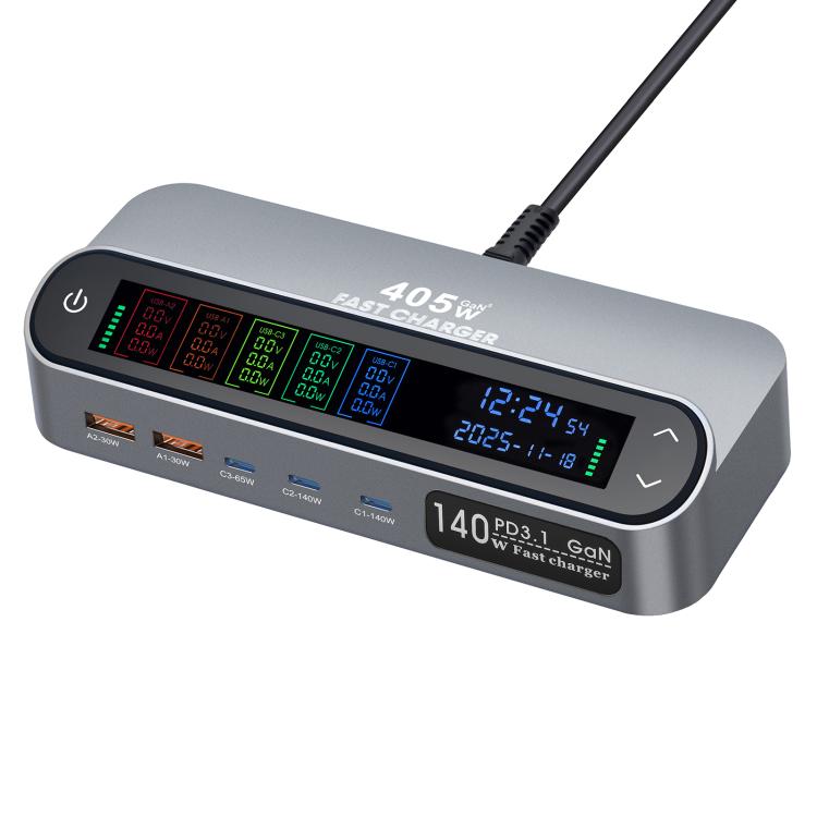 YMX-LCD405W 405W 3xType-C 및 2xUSB GaN 스마트 디지털 디스플레이 다기능 충전기, AU 플러그, EU 플러그, UK 플러그, US 플러그