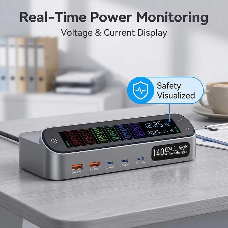 YMX-LCD405W 405W 3xType-C 및 2xUSB GaN 스마트 디지털 디스플레이 다기능 충전기, AU 플러그, EU 플러그, UK 플러그, US 플러그