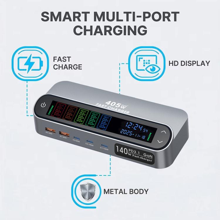 YMX-LCD405W 405W 3xType-C 및 2xUSB GaN 스마트 디지털 디스플레이 다기능 충전기, AU 플러그, EU 플러그, UK 플러그, US 플러그