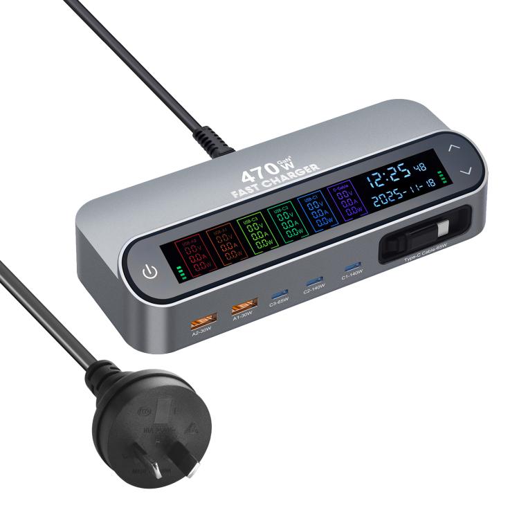 YMX-LCD470W 470W 3xType-C 및 2xUSB GaN 스마트 디지털 디스플레이 다기능 충전기, Type-C 수납 케이블 포함, AU 플러그, EU 플러그, UK 플러그, US 플러그