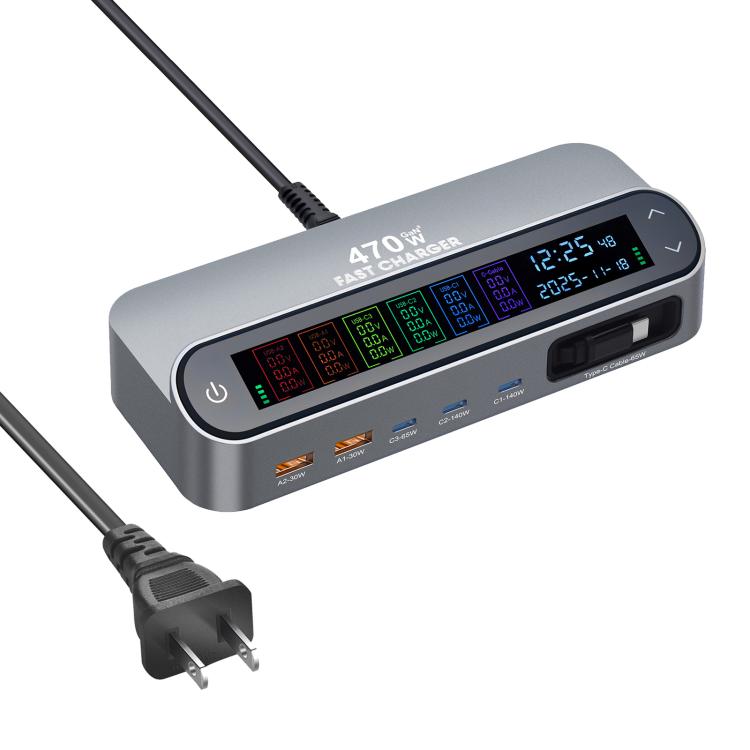 YMX-LCD470W 470W 3xType-C 및 2xUSB GaN 스마트 디지털 디스플레이 다기능 충전기, Type-C 수납 케이블 포함, AU 플러그, EU 플러그, UK 플러그, US 플러그