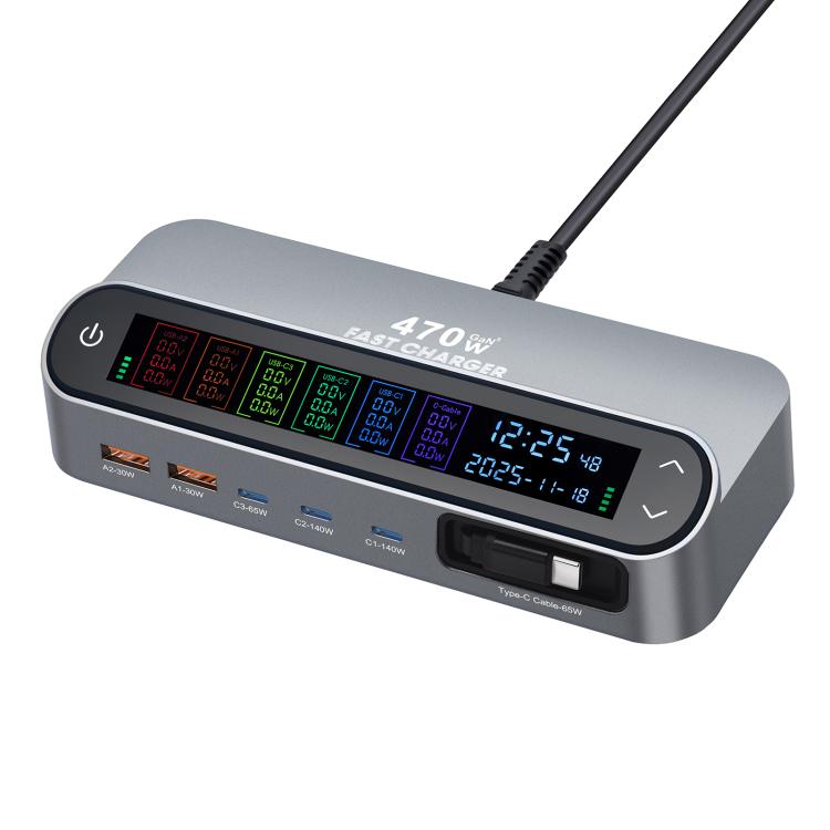 YMX-LCD470W 470W 3xType-C 및 2xUSB GaN 스마트 디지털 디스플레이 다기능 충전기, Type-C 수납 케이블 포함, AU 플러그, EU 플러그, UK 플러그, US 플러그