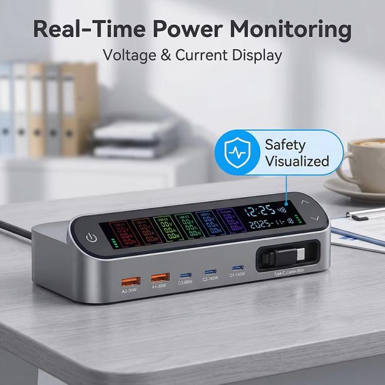 YMX-LCD470W 470W 3xType-C 및 2xUSB GaN 스마트 디지털 디스플레이 다기능 충전기, Type-C 수납 케이블 포함, AU 플러그, EU 플러그, UK 플러그, US 플러그