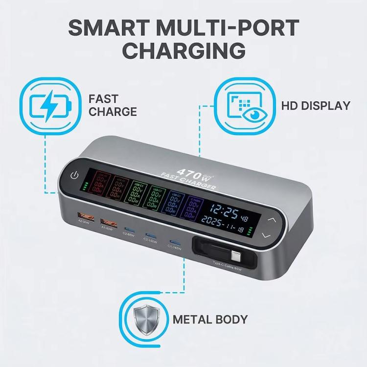 YMX-LCD470W 470W 3xType-C 및 2xUSB GaN 스마트 디지털 디스플레이 다기능 충전기, Type-C 수납 케이블 포함, AU 플러그, EU 플러그, UK 플러그, US 플러그