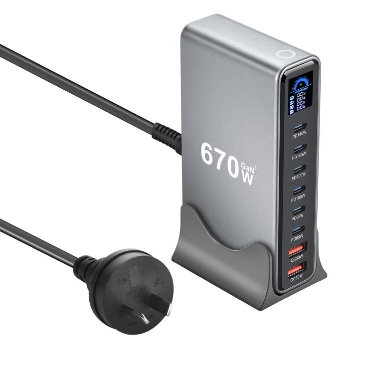 YMX-LCD670W 670W 6xType-C 및 2xUSB GaN 디지털 디스플레이 다기능 충전기, AU 플러그, EU 플러그, UK 플러그, US 플러그