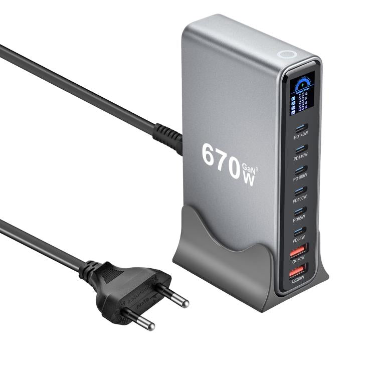 YMX-LCD670W 670W 6xType-C 및 2xUSB GaN 디지털 디스플레이 다기능 충전기, AU 플러그, EU 플러그, UK 플러그, US 플러그