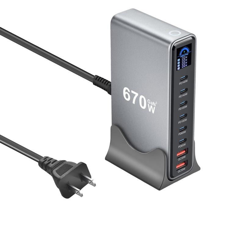 YMX-LCD670W 670W 6xType-C 및 2xUSB GaN 디지털 디스플레이 다기능 충전기, AU 플러그, EU 플러그, UK 플러그, US 플러그