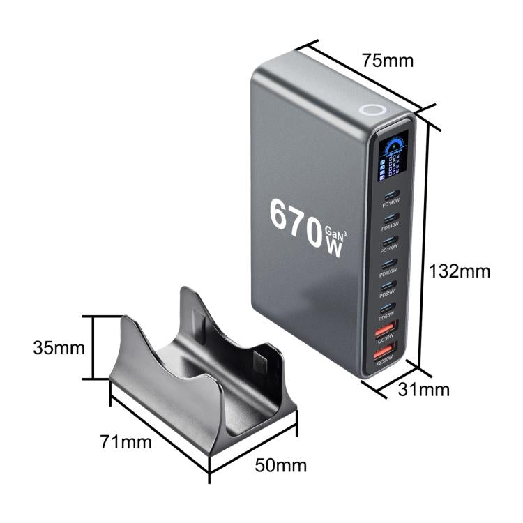 YMX-LCD670W 670W 6xType-C 및 2xUSB GaN 디지털 디스플레이 다기능 충전기, AU 플러그, EU 플러그, UK 플러그, US 플러그