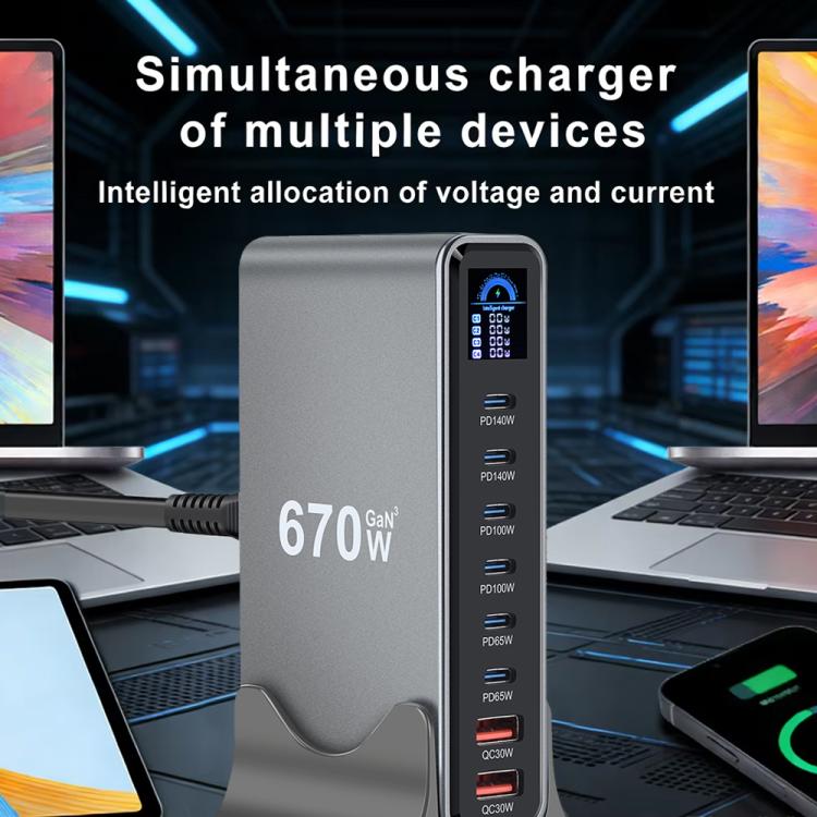 YMX-LCD670W 670W 6xType-C 및 2xUSB GaN 디지털 디스플레이 다기능 충전기, AU 플러그, EU 플러그, UK 플러그, US 플러그