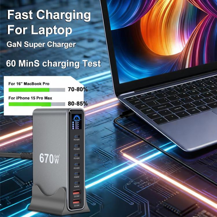 YMX-LCD670W 670W 6xType-C 및 2xUSB GaN 디지털 디스플레이 다기능 충전기, AU 플러그, EU 플러그, UK 플러그, US 플러그