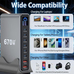 YMX-LCD670W 670W 6xType-C 및 2xUSB GaN 디지털 디스플레이 다기능 충전기, AU 플러그, EU 플러그, UK 플러그, US 플러그