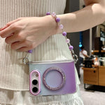 Gradient Side Buckle Hinge Rotating Holder Magnetic Phone Case with Beaded Strap, For iPhone Duo