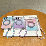 Gradient Side Buckle Hinge Rotating Holder Magnetic Phone Case with Beaded Strap, For iPhone Duo