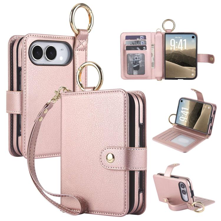 Solid Color Wristband Ring RFID Leather Phone Case with Lanyard, For iPhone Duo