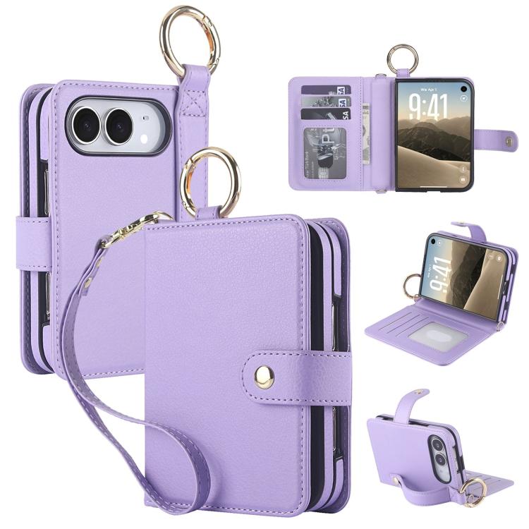 Solid Color Wristband Ring RFID Leather Phone Case with Lanyard, For iPhone Duo