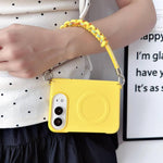 Side Clamp Dual Magnetic Axis Solid Color Leather Texture Phone Case with Lanyard, For iPhone Duo