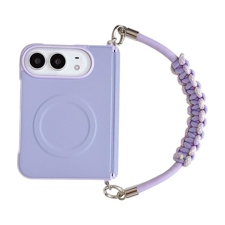 Side Clamp Dual Magnetic Axis Solid Color Leather Texture Phone Case with Lanyard, For iPhone Duo
