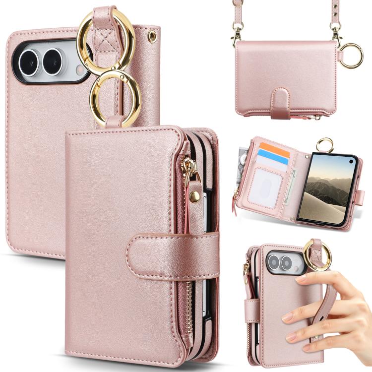 Crossbody Ring Multifunctional Wallet Fold Leather Phone Case, For iPhone Duo