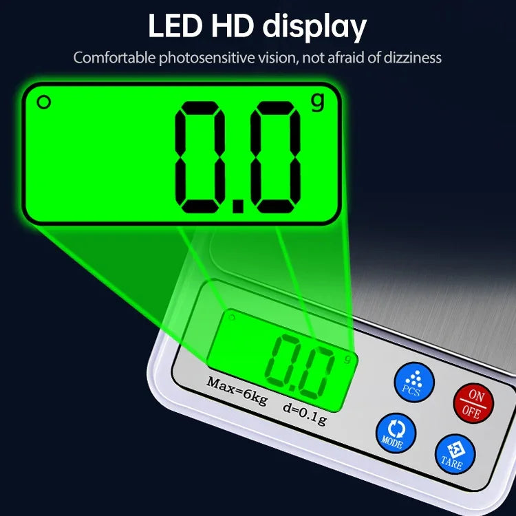 MH-555 6Kg x 0.1g 고정밀 디지털 전자 휴대용 주방 저울 밸런스 장치 2.2인치 LCD 화면 포함, 6000g/0.1g