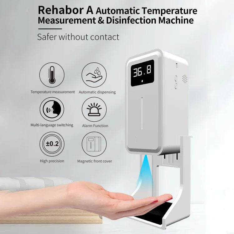 Rehabor A 핸즈프리 비접촉 체온 빛 감지 거리 센서 온도계 + 450ml 자동 비접촉 액체 비누 분사 디스펜서 베이스 마운트 포함, Rehabor A
