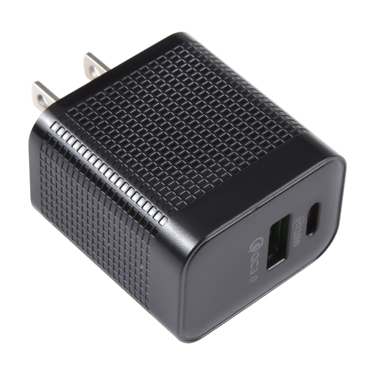 PD 20W USB-C/타입-C + QC 3.0 USB 포트 체크무늬 여행용 충전기, US 플러그, US 플러그 (블랙)